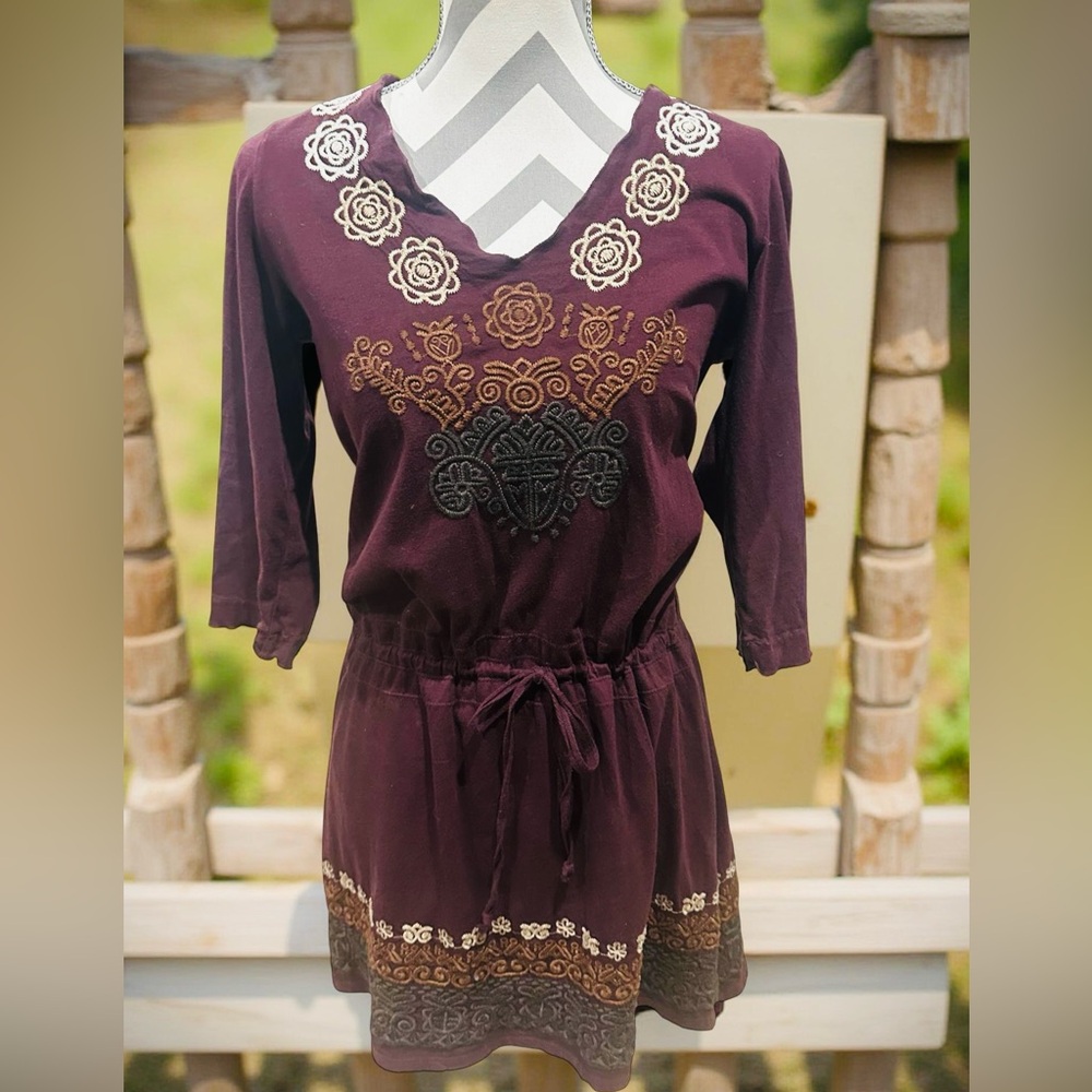 Johnny Was jersey knit burgundy mini dress with floral embroidery cinch waist S